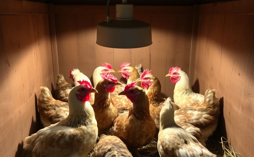 Chickens under a heat lamp in a cozy coop