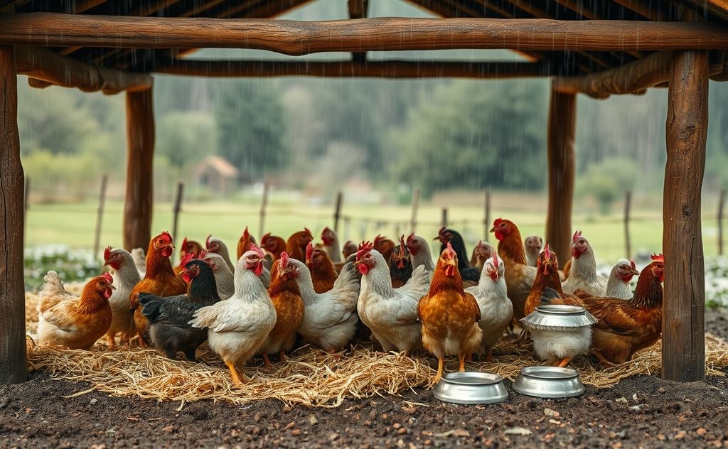 Chickens under rain shelter with cozy setup