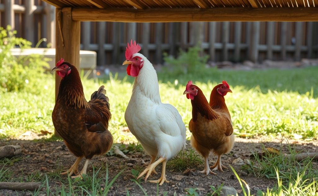 Chickens using shade to stay cool in summer heat