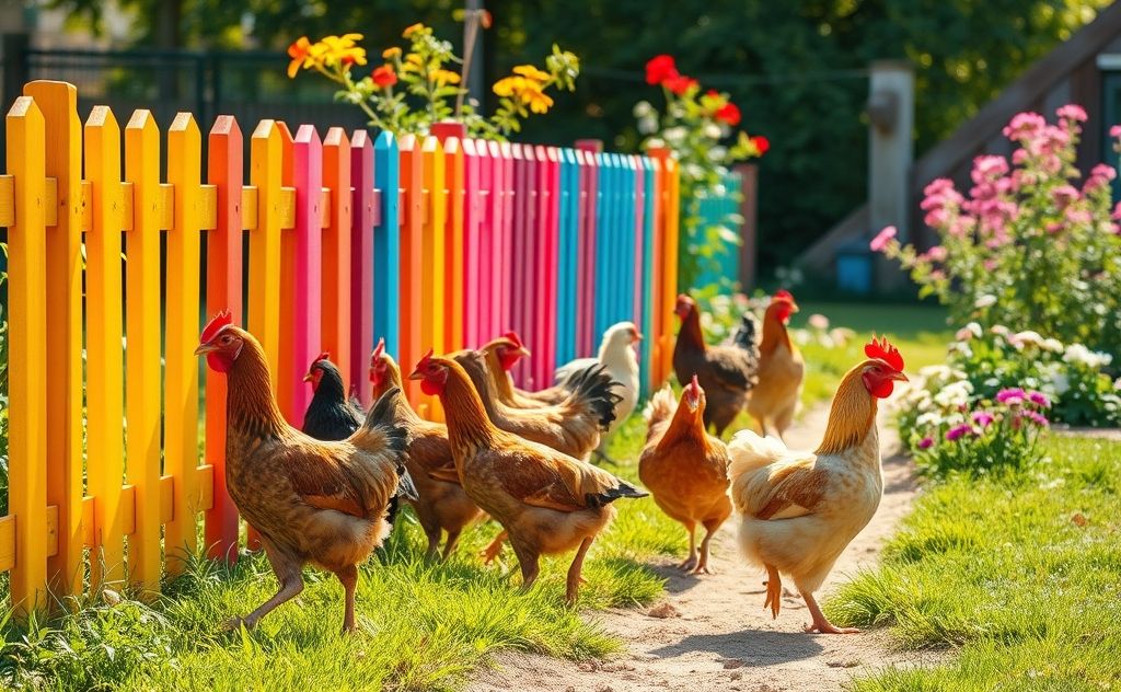 Chickens wandering near a vibrant garden fence
