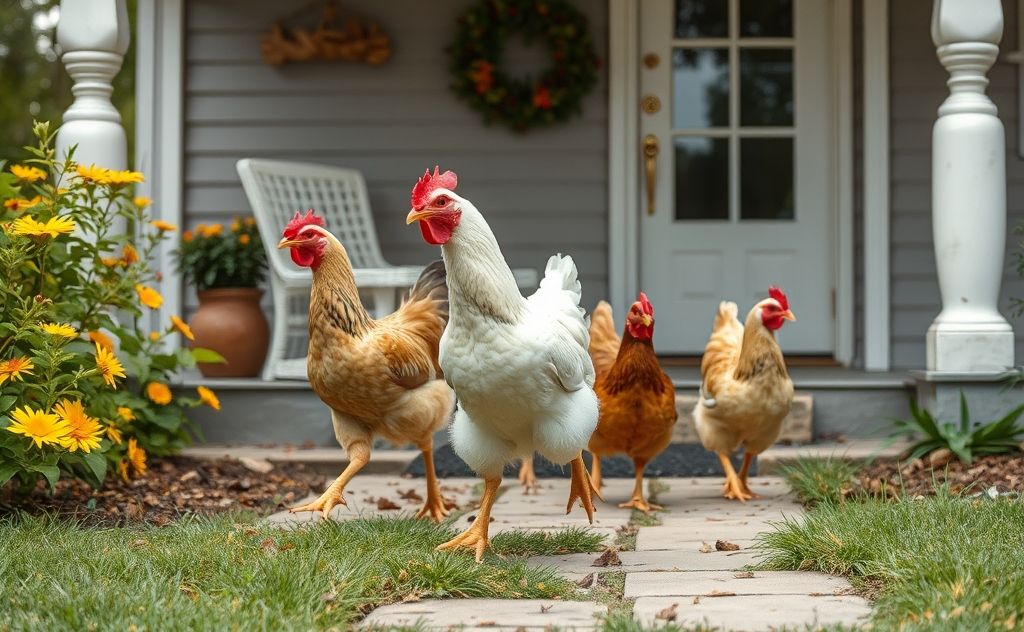 Chickens wandering off a cozy porch setting