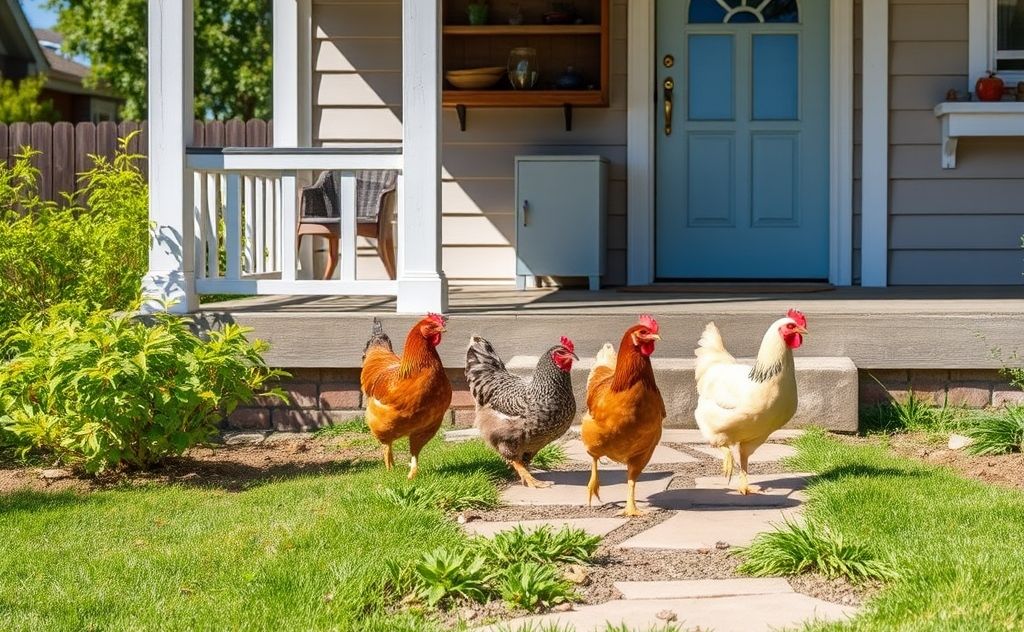Chickens wandering off a porch in a sunny yard