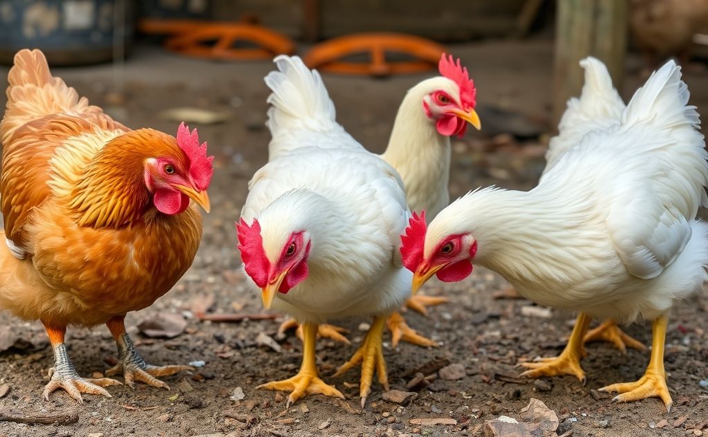 Chickens wipe beaks on ground for cleaning and comfort