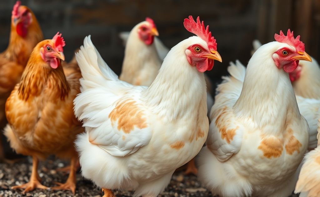 Chickens with bald spots in their feathers