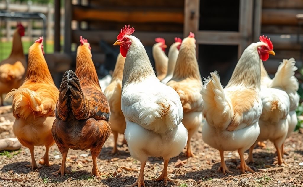 Chickens with bare backs in a sunny coop setting