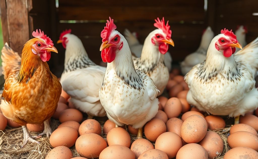 Chickens with brown speckled eggs in a sunny coop