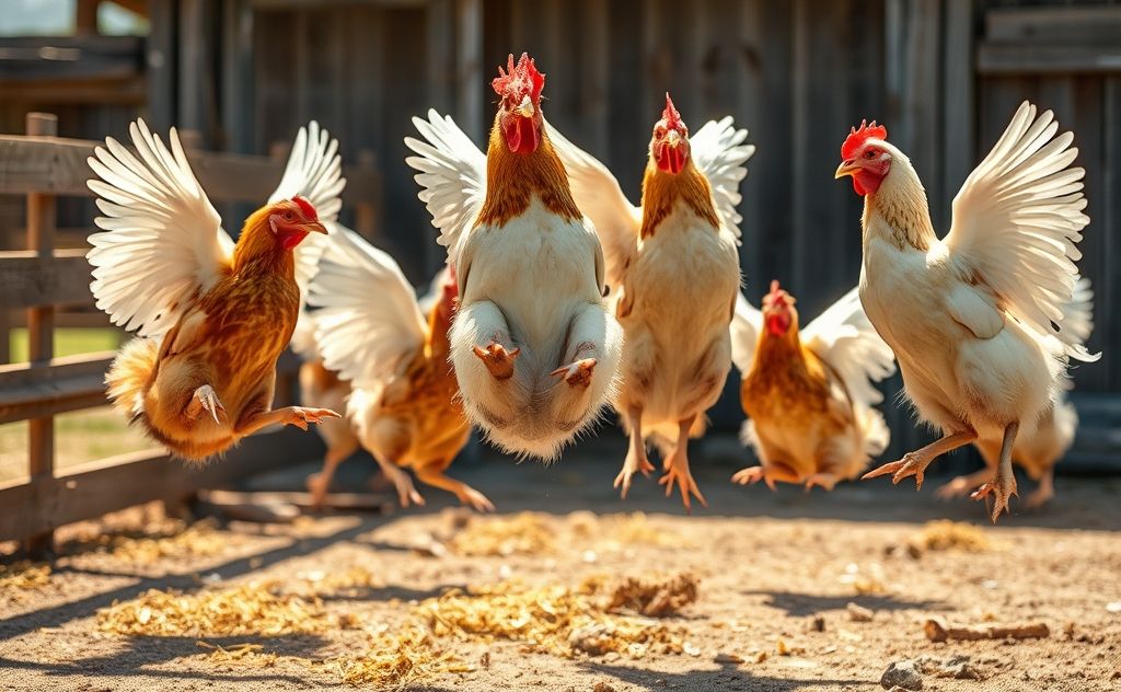 Chickens with clipped wings jumping high