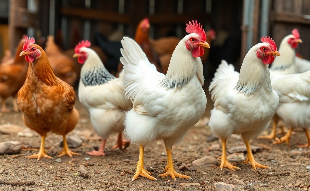 Chickens with eight legs in a farm setting