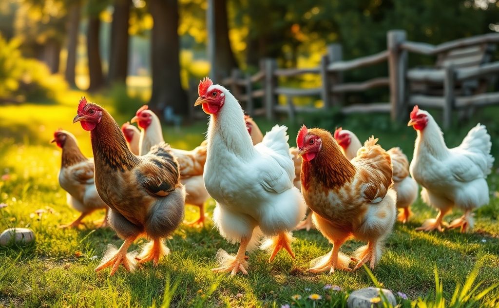 Chickens with feathered feet in a natural setting
