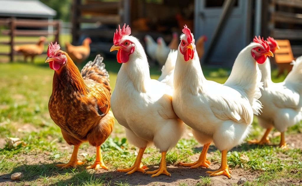 Chickens with feathery feet in a sunny farm setting