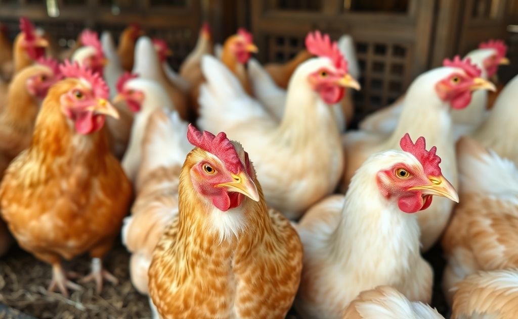 Chickens with fragile egg yolks in a farm setting