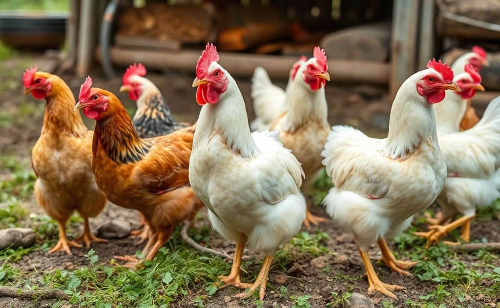 Chickens with green poop in a farm setting