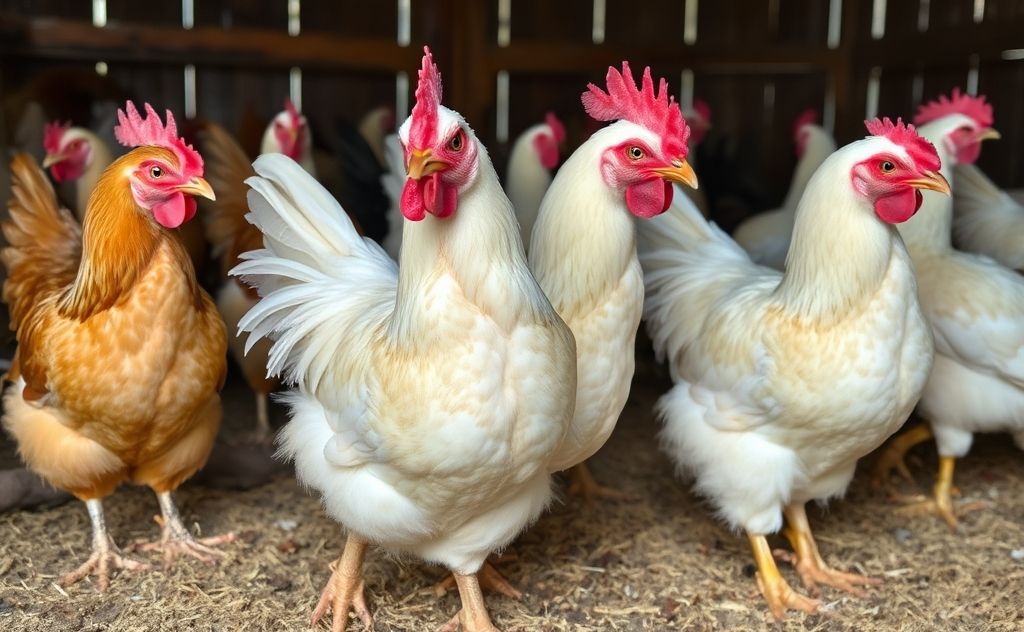 Chickens with missing feathers in a barn setting