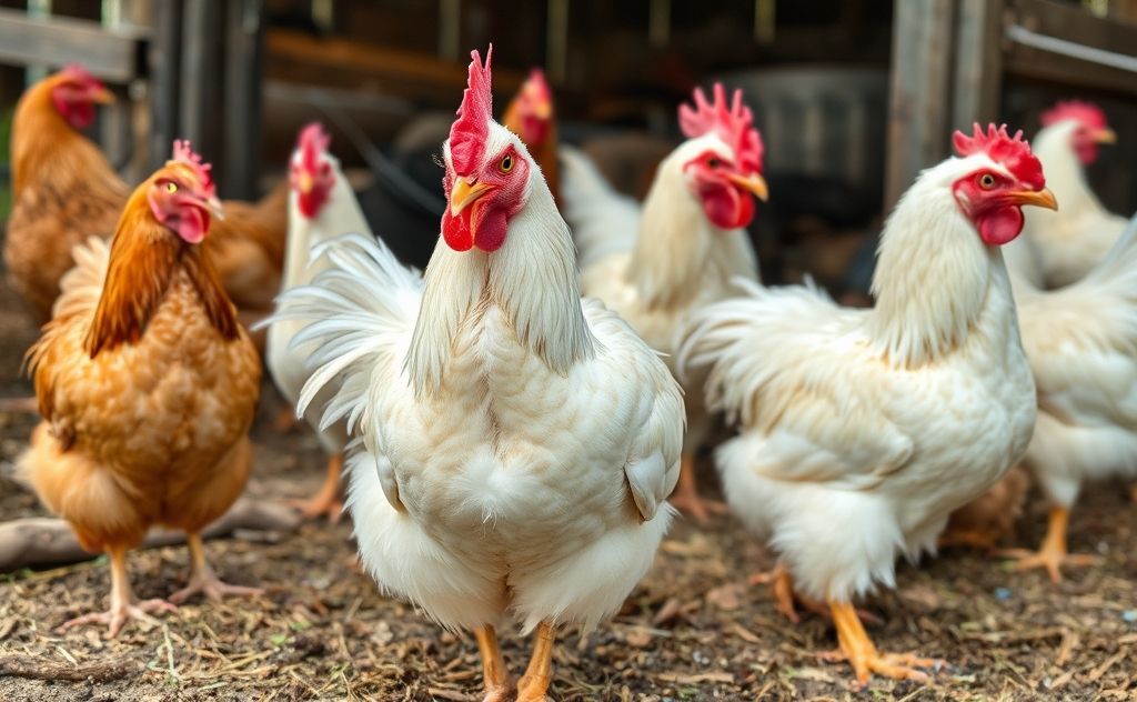 Chickens with missing feathers in a farm setting
