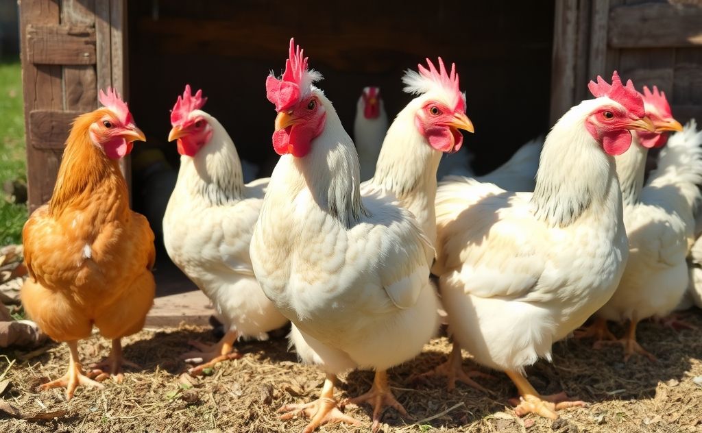 Chickens with missing feathers in a sunny coop
