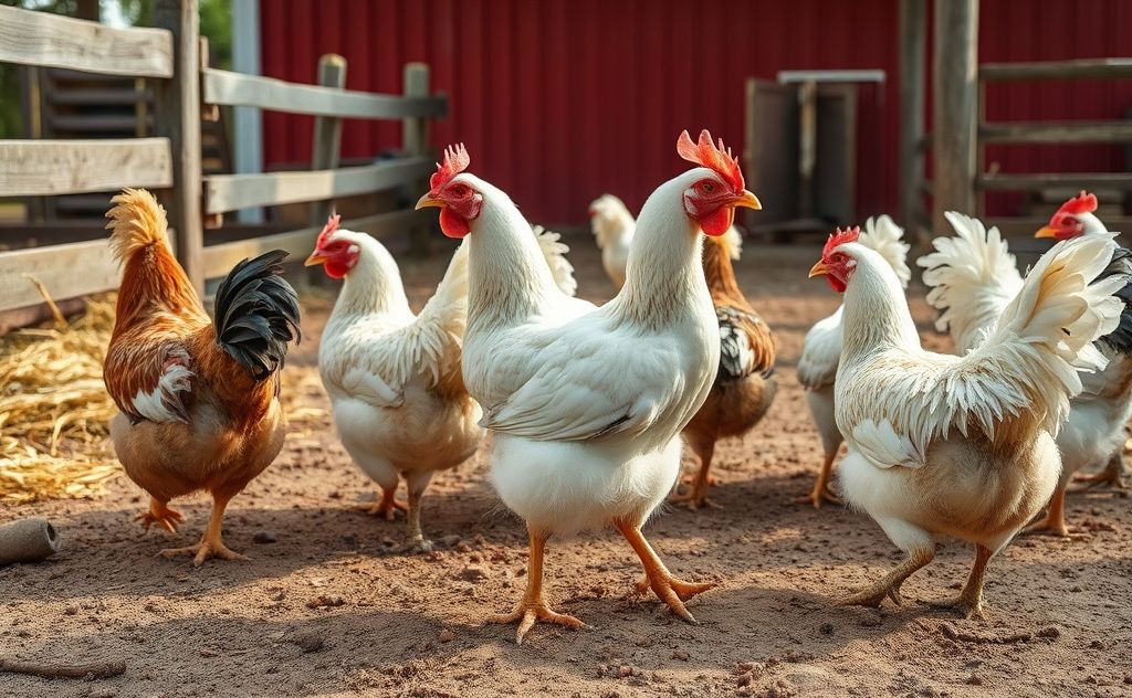 Chickens with missing tail feathers in a farm setting
