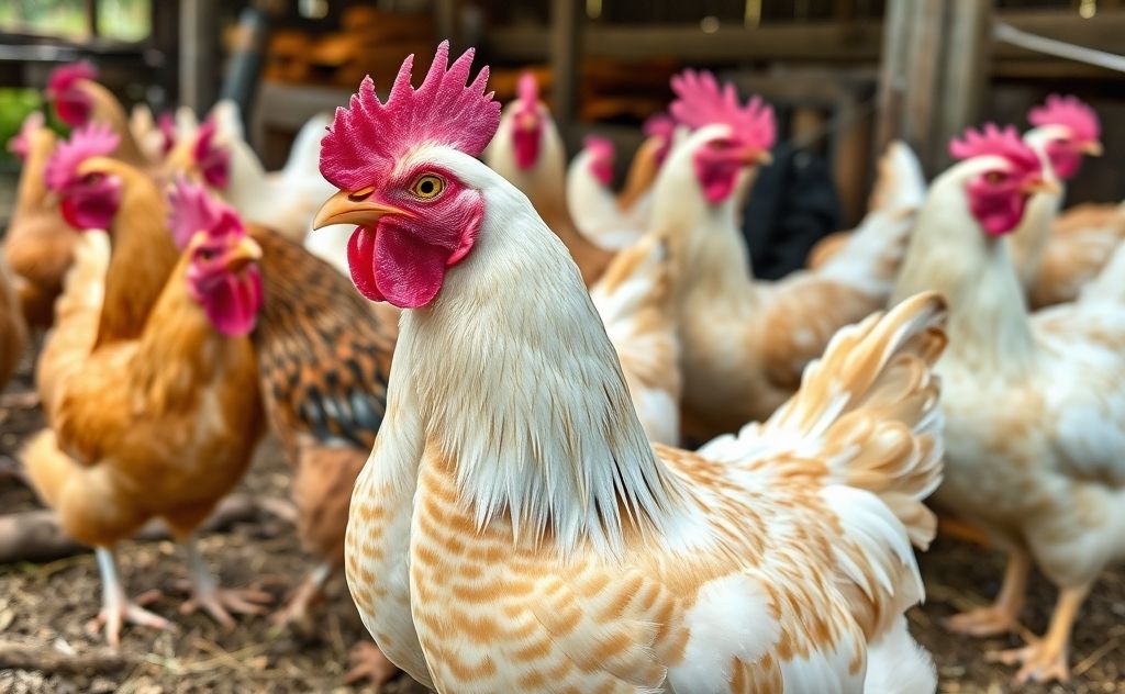 Chickens with purple combs in a farm setting