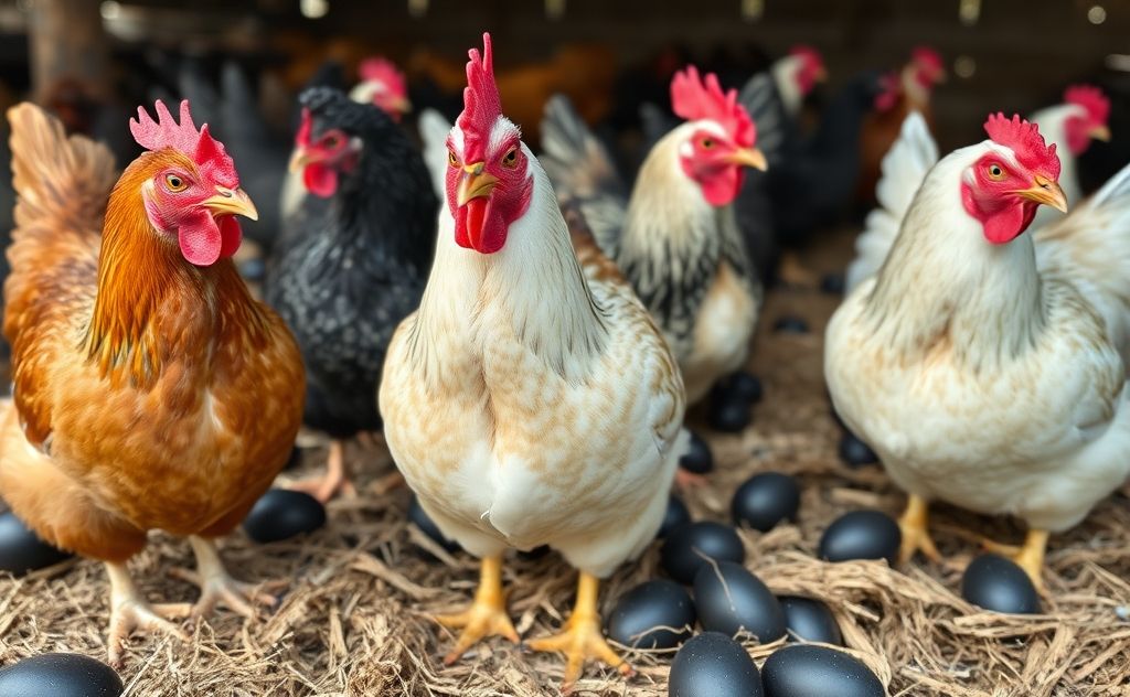 Chickens with unique black eggs in a farm setting