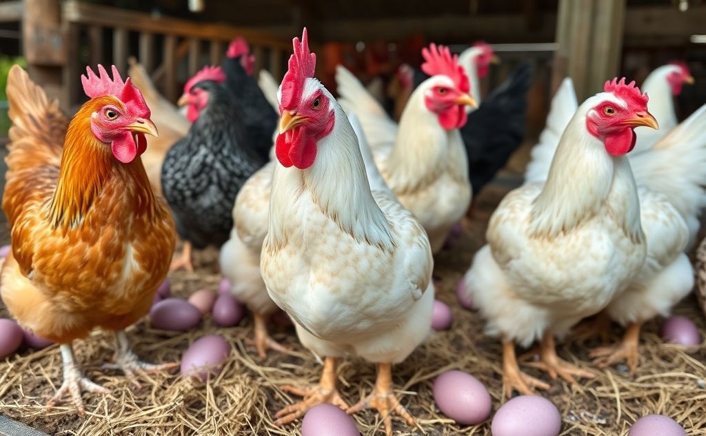 Chickens with unique purple eggs in a farm setting