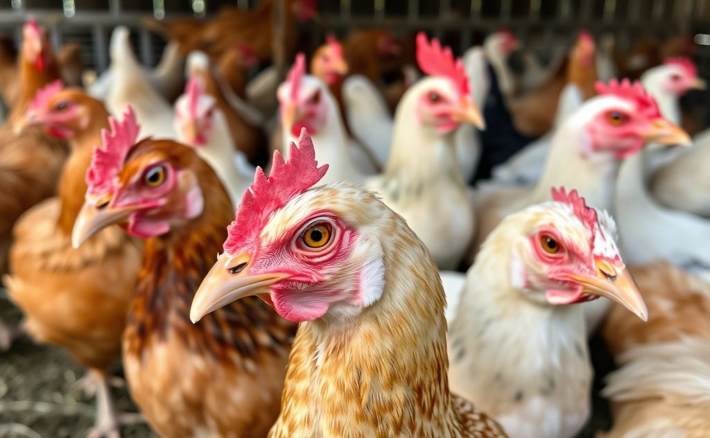 Chickens with various eye colors in a farm setting