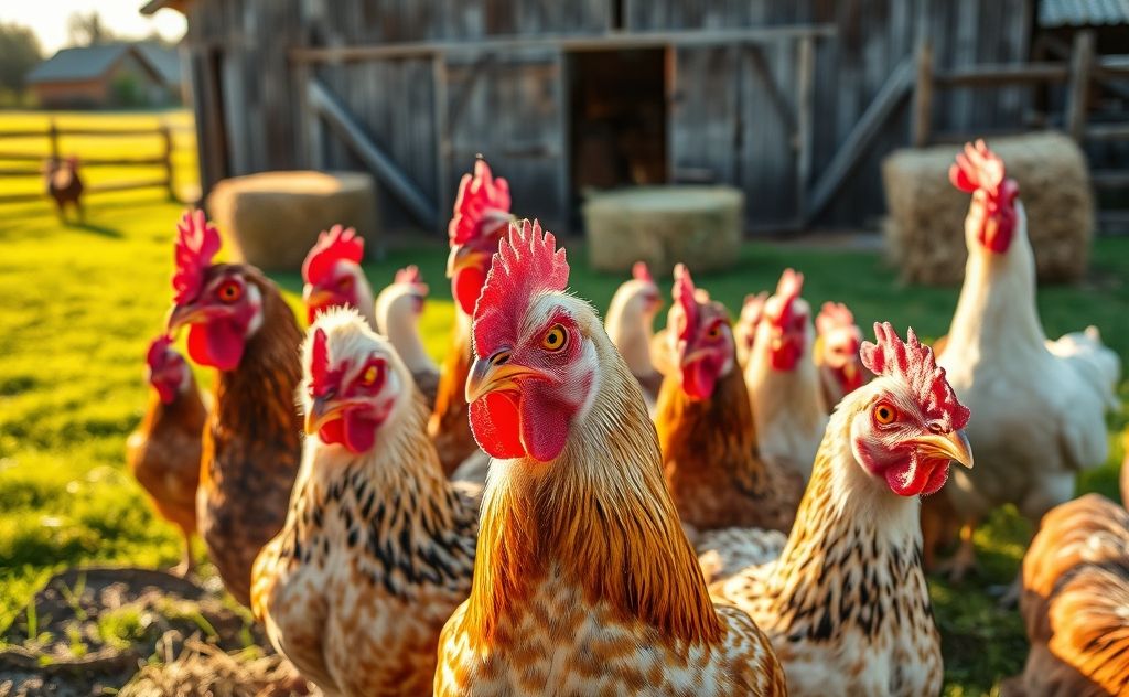Chickens with vibrant eye colors in a farm setting