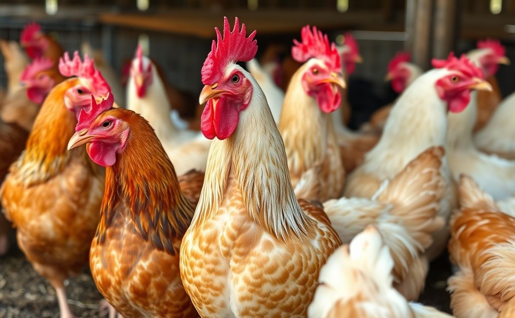 Chickens with vibrant healthy combs in a farm setting