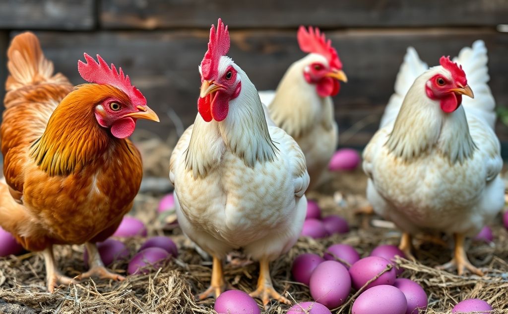 Chickens with vibrant purple eggs