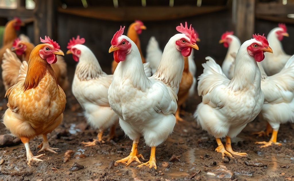 Chickens with watery poop in a farm setting