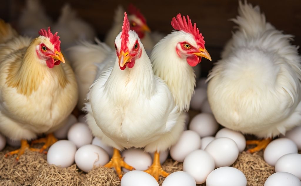 Chickens with white feathers laying white eggs