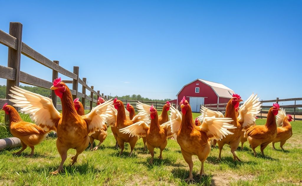 Chickens with wings in a farm setting