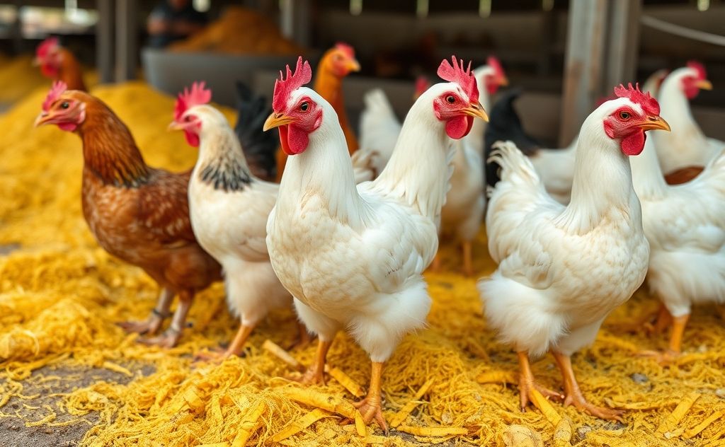 Chickens with yellow poop in a farm setting
