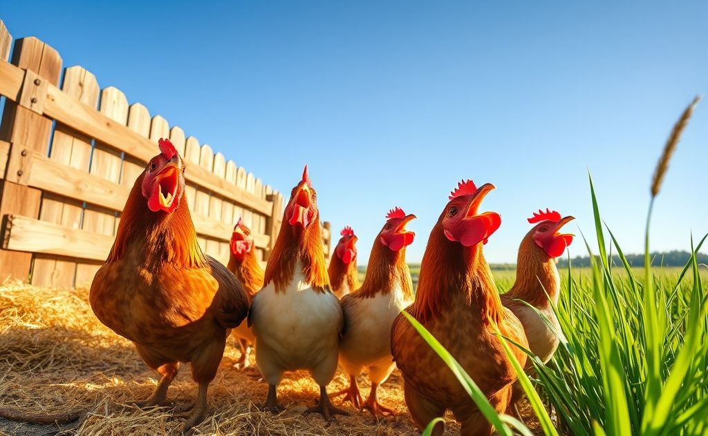 Chickens yawning in a sunny farm setting