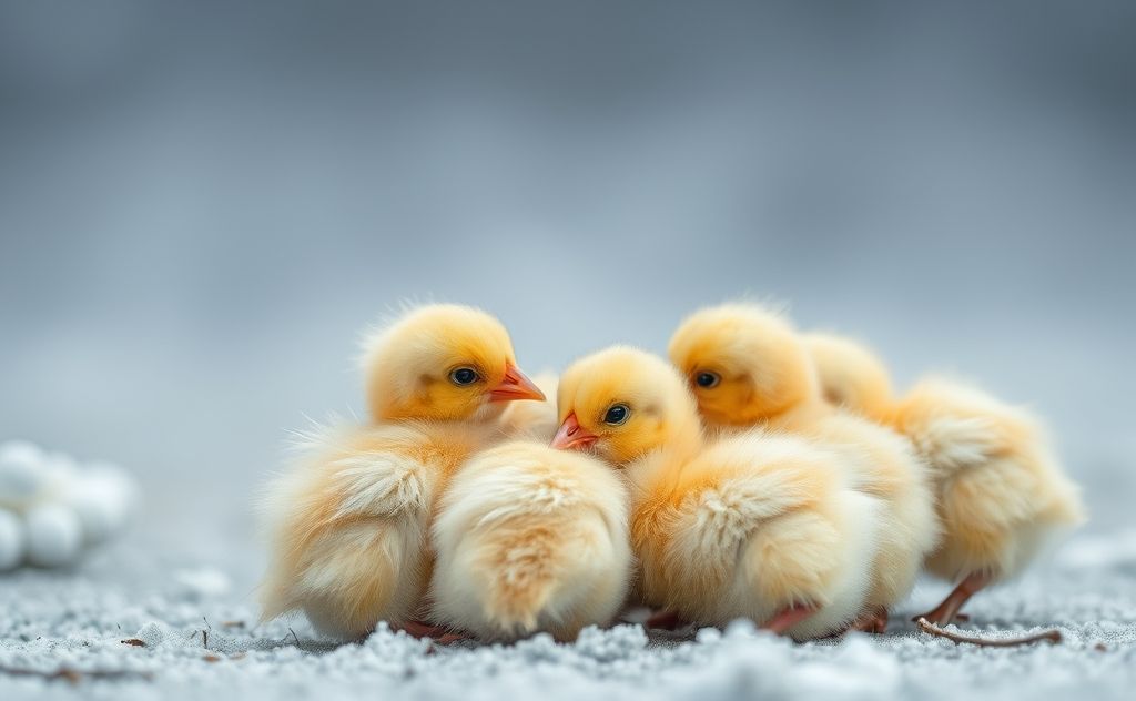 Chicks huddle together in cold weather