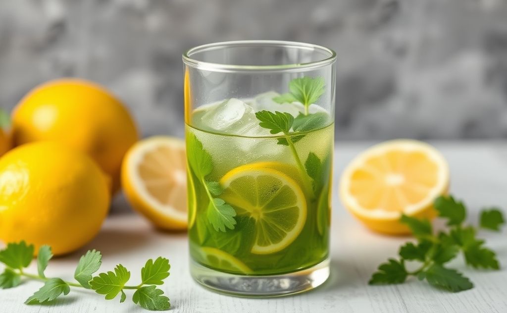 Chlorophyll and lemon juice blend in a glass