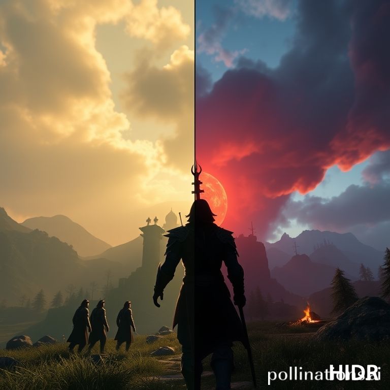 Image of a video game scene split down the middle, showing the dull, flat colors of SDR on one side and the vibrant, high-contrast colors of HDR on the other.