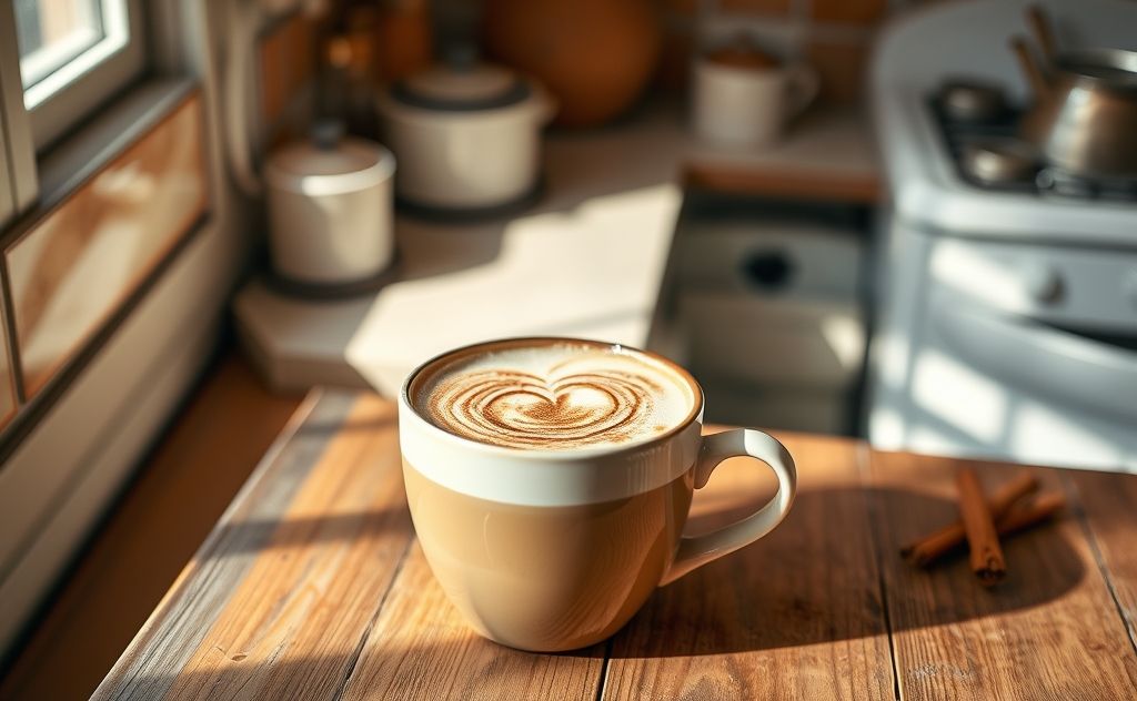 Cinnamon tea with milk in a cozy kitchen setting