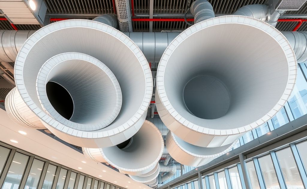 Circular HVAC ducts in a modern building setting