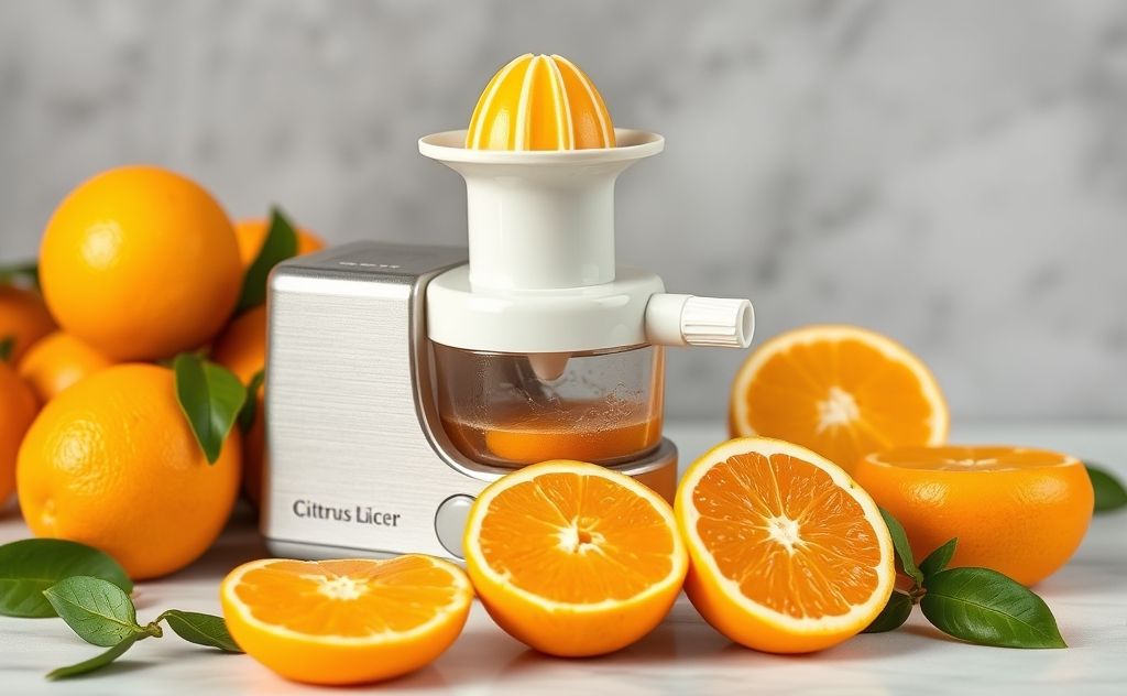 Citrus juicer with fresh oranges and vibrant colors