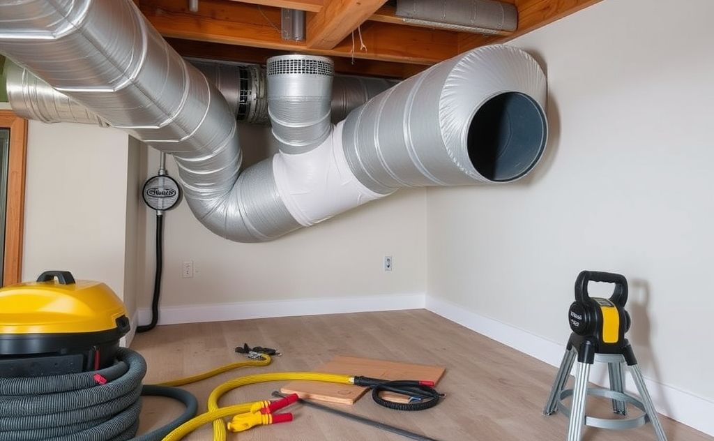 Clean air ducts with tools and equipment in a home setting.