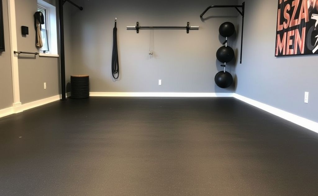 Clean rubber flooring in a home gym setting.