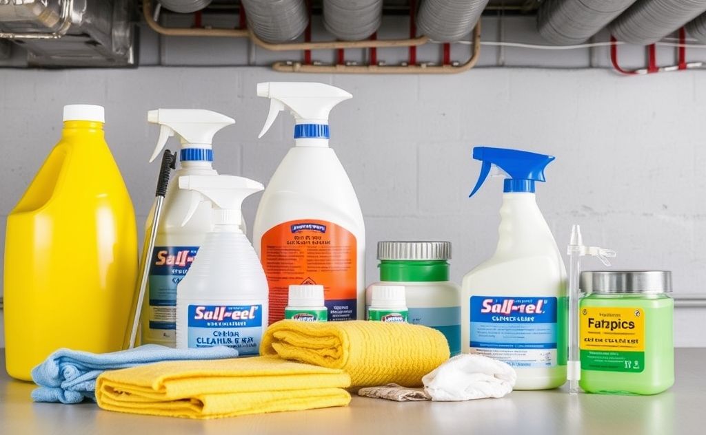 Cleaning supplies arranged for air duct maintenance and air quality.