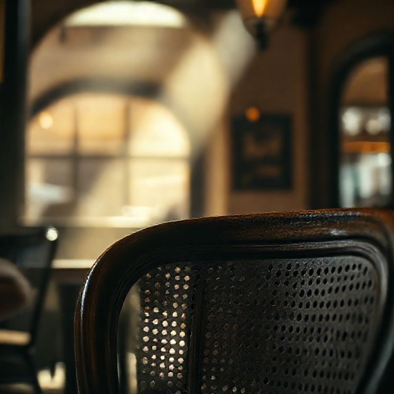 Close-up cinematogr&aacute;fico de uma Cadeira N.14 em um caf&eacute; europeu hist&oacute;rico, destacando o assento perfurado