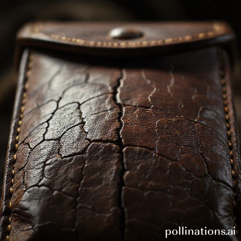 Close-up dram&aacute;tico de um coldre de muni&ccedil;&atilde;o de couro da Primeira Guerra Mundial, mostrando rachaduras profundas e p&aacute;tina no couro.