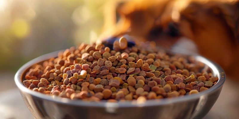 صورة مقربة لطعام كلاب جاف ممتاز يظهر حبيبات متنوعة الألوان والأشكال مع جسيمات مغذيات دقيقة، في وعاء من الفولاذ المقاوم للصدأ.