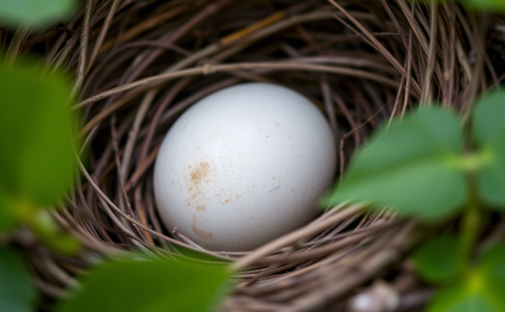 Close-up of a bird's egg in a nest with surrounding foliage.