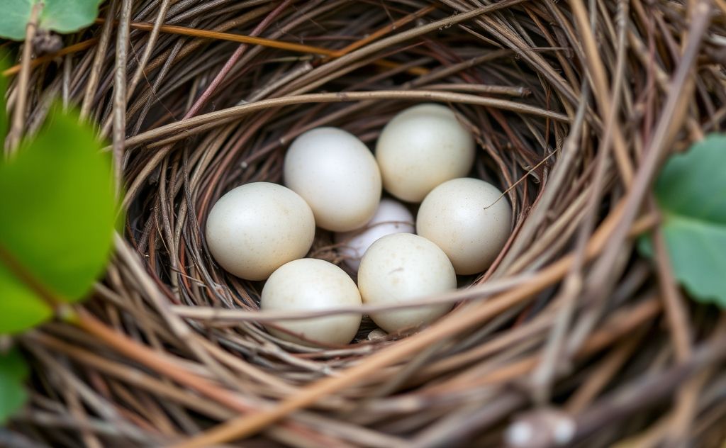 Close-up of a bird's nest with eggs nestled among twigs and leaves.