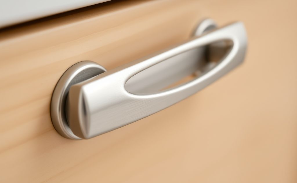 Close-up of a cabinet handle with washers for added grip.