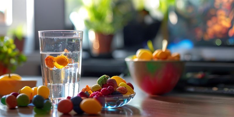 Close-up of a glass of water and a small bowl of colorful fruits and nuts on a desk, next to a gaming setup, emphasizing healthy hydration and nutrition for eye health, joyful ambiance