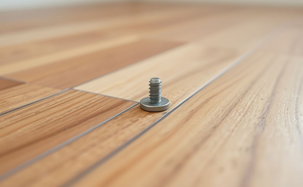 Close-up of a loose fastener being tightened on a hardwood floor.