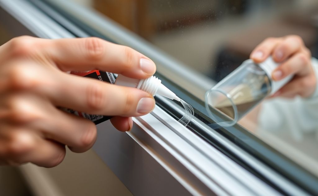 Close-up of a person applying lubricant to a window track.